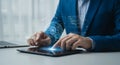 AI Innovation Business Professional Harnessing Artificial Intelligence on Tablet for Data Analysis and Strategic Growth