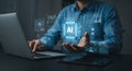 AI Innovation Man Harnessing Artificial Intelligence on Laptop, Transforming Future with Tech Solutions and Data Analysis