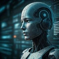 AI innovation: robotic humanoid in an advanced technological world. Detailed portrait of a high-tech humanoid artificial