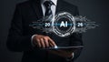 AI Integration in Business Man Using Tablet for Futuristic Technology 2026 Vision Royalty Free Stock Photo