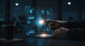 AI Interface: Man Touching Virtual Screen with Data & Artificial Intelligence Graphics for Smart Tech Innovation & Future Royalty Free Stock Photo