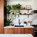 Modern Kitchen Sink Area with Marble Counters and Plants Royalty Free Stock Photo