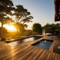 Serene Outdoor Spa-Like Space with Swimming Pool and Jacuzzi During Golden Hour Royalty Free Stock Photo