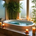 Luxurious Spa-like Bathroom with Jacuzzi Tub, Candles, and Bamboo Plants Royalty Free Stock Photo