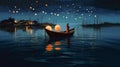 celebration night river lamp festival water light travel boat lantern. Generative AI.