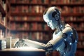 AI Learn Concept. Humanoid Robotic Futuristic Technology Drone Read the Books in Library extreme closeup. Generative AI