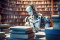 AI Learn Concept. Humanoid Robotic Futuristic Technology Drone Read the Books in Library extreme closeup. Generative AI