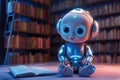 AI Learn Concept. Small Baby Robotic Futuristic Technology Drone Read the Book in Library extreme closeup. Generative AI