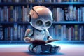 AI Learn Concept. Small Baby Robotic Futuristic Technology Drone Read the Book in Library extreme closeup. Generative AI