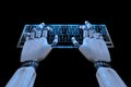 Ai learning concept Robot hands typing on keyboard, keypad. Robotic arm cyborg using computer. 3d render realistic illustration Royalty Free Stock Photo