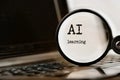 AI learning technology demonstrated with laptop, text and magnifying glass and command prompt. Chat with artificial intelligence