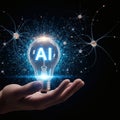 AI Light Bulb in Open Hand on Black Background Royalty Free Stock Photo
