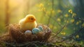 AI llustration of a chick and three Easter eggs on a grassy nest Royalty Free Stock Photo