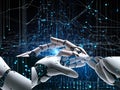 AI, Machine learning, Hands of robot touching on big data network connection background. Royalty Free Stock Photo