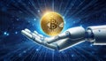Golden coin money on robot humanoid hand on network cyberspace background with space background .income for business