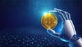 Golden bitcoin money on robot humanoid hand on network cyberspace background with space background .income for business