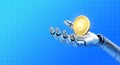 AI makes money concept. Golden coin money on robot humanoid hand on network cyberspace background with copy space. Artificial