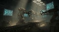 An abandoned robotic assembly line glows with faint holographic screens in a dystopian factory Royalty Free Stock Photo
