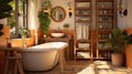 Mediterranean home interior bathroom, featuring warm colors, terracotta tiles, heavy wooden furniture, rustic elements