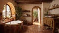 Mediterranean home interior bathroom, featuring warm colors, terracotta tiles, heavy wooden furniture, rustic elements