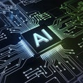 AI microchip in blue green circuits, symbolizing artificial intelligence advancements Royalty Free Stock Photo