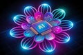 Ai microchip at center of glowing neon circuit petals, technology innovation Royalty Free Stock Photo