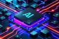 AI Microchip with Neon Glow on Circuit Board, Advanced Digital Processor