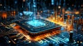 AI microchip powering futuristic data flow on circuit board