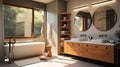 Mid-Century Modern home interior bathroom, clean lines, organicshape, functionality,style blends retro modern elements