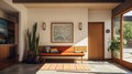 Mid-Century modern home interior vestibule, Featuring clean, organic shapesfunctionality,blends retro modern elements