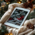 White Tablet E-reader with Cozy Cream Blanket and Pinecones, Lights and Pine Tree Branches, Christmas Holiday Background Royalty Free Stock Photo