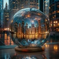 Chicago Skyline and Water Reflection Captured Inside a Crystal Globe at Dusk Royalty Free Stock Photo