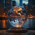 Crystal Globe of Earth at Night with City Lights Reflected on Water, Set Against a Chicago Skyline Royalty Free Stock Photo