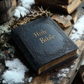 Black Leather Holy Bible with Embossesd Border Design and a Crown of Thorns Royalty Free Stock Photo