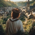 Jesus Wearing Crown of Thorns Gazing Over Ancient Village at Sunset Royalty Free Stock Photo