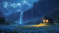 Magical Night Landscape of a Glowing Waterfall and Cozy Cabin Nestled in a Blue Wildflower Meadow Under a Moonlit Starry Sky Royalty Free Stock Photo