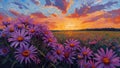 Vibrant Oil Painting of Purple Daisies in a Field at Sunset Royalty Free Stock Photo