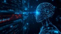 Futuristic Blue Holographic AI Profile Interacting with Complex Digital Data Arrays in Dark Cyber Space Royalty Free Stock Photo