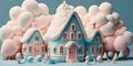 cute candyland with blue houses, ai generative
