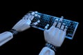 Ai mind Robot cyborg hand using computer. Hands of Robotic typing on keyboard. 3d render realistic illustration Royalty Free Stock Photo