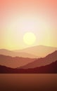 Mountains lake and river landscape silhouette tree horizon Landscape wallpaper Sunrise and sunset Illustration vector style.