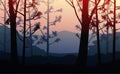 Natural forest mountains horizon hills silhouettes of trees. Sunrise and sunset. Landscape wallpaper. Illustration vector style. Royalty Free Stock Photo