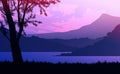 Mountains lake and river landscape silhouette tree horizon Landscape wallpaper Sunrise and sunset Illustration vector style.