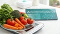 AI nutrition analysis setup with fresh vegetables on a digital scale in a modern kitchen Royalty Free Stock Photo