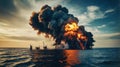 Ai Oil platforms burning in the middle of the sea Royalty Free Stock Photo