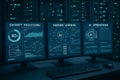 Ai operations and machine learning interface monitoring with dataset processing on multiple screens in modern control center Royalty Free Stock Photo