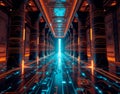 AI oracle server processing prophetic data streams, set within a modernized Delphi temple blending tech and myth