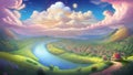 Beautiful sunrise in the mountains. Landscape with green hills and clouds. AI generated.