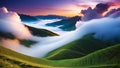 Beautiful sunrise in the mountains. Landscape with green hills and clouds. AI generated.