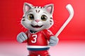 Petfluencers: The Cat\'s Passion as the In-Demand Newcomer in Ice Hockey on Red Background